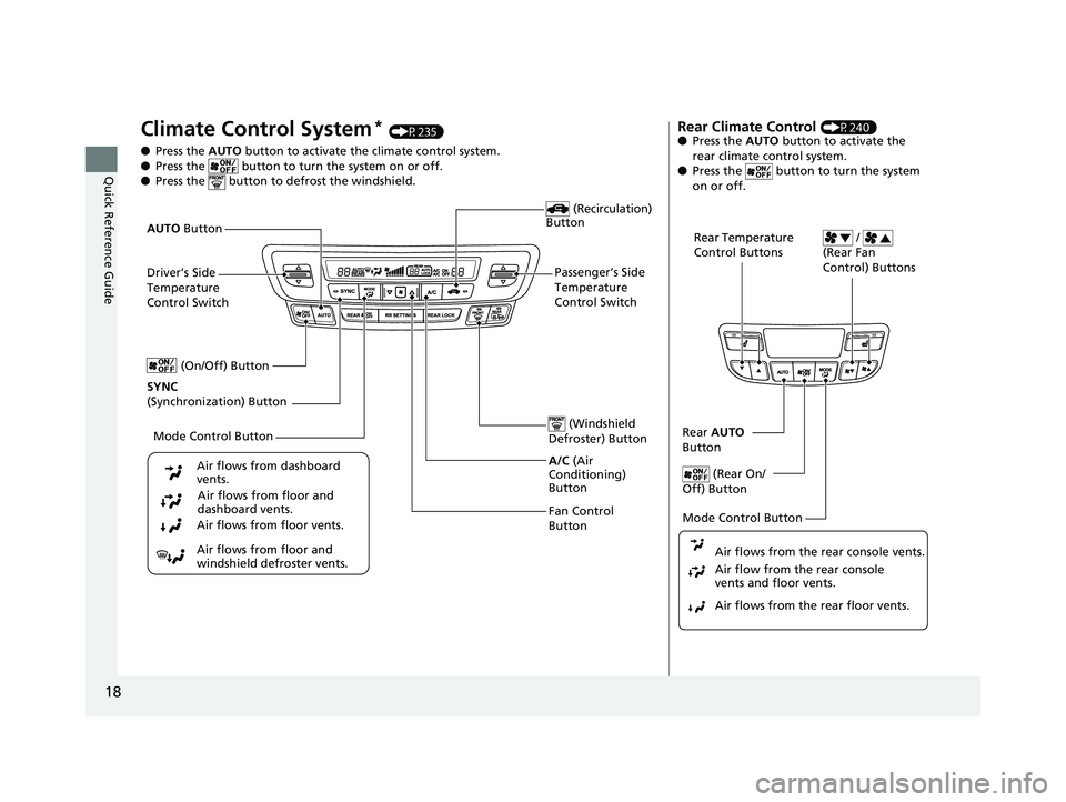 HONDA PILOT 2019  Owners Manual (in English) 18
Quick Reference Guide
Climate Control System* (P235)
● Press the  AUTO button to activate the climate control system.
● Press the   button to turn  the system on or off.
● Press the   button 