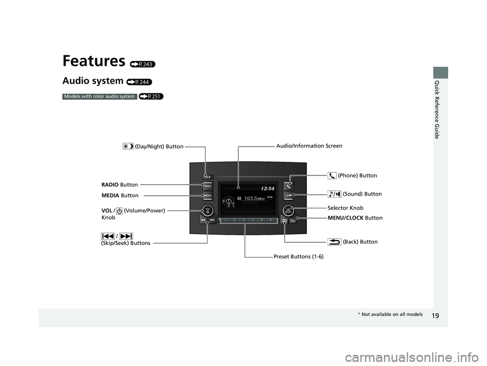 HONDA PILOT 2019   (in English) Owners Guide 19
Quick Reference Guide
Features (P243)
Audio system (P244) (P251)
Models with color audio system
MENU/CLOCK  Button
Selector Knob
 (Day/Night) Button
 (Back) Button
 (Sound) Button
VOL
 /   (Volume/