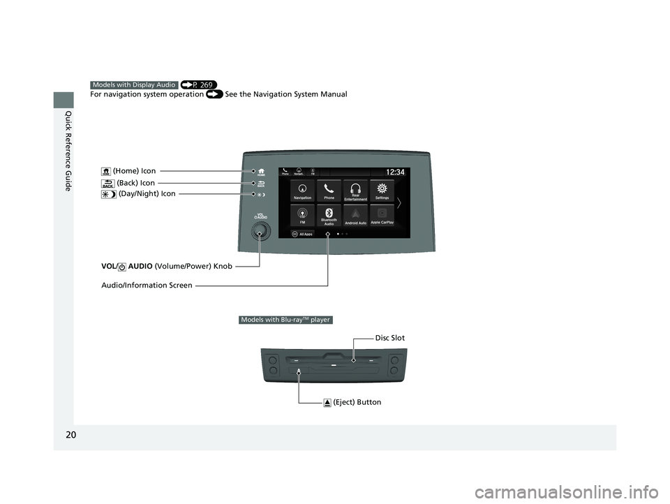 HONDA PILOT 2019  Owners Manual (in English) 20
Quick Reference Guide
VOL/ AUDIO  (Volume/Power) Knob
 (Home) Icon
 (Back) Icon
 (Day/Night) Icon
Audio/Information Screen
 (P 269)
For navigation system operation  () See the Navigation System Man