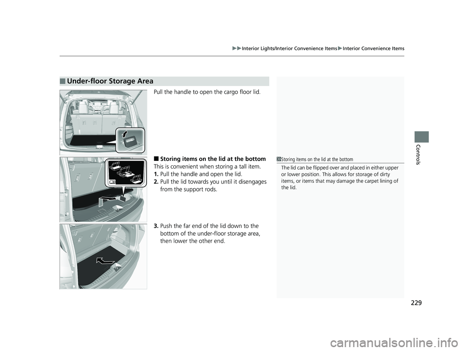 HONDA PILOT 2019  Owners Manual (in English) 229
uuInterior Lights/Interior Convenience Items uInterior Convenience Items
Controls
Pull the handle to open  the cargo floor lid.
■Storing items on the lid at the bottom
This is convenient when st
