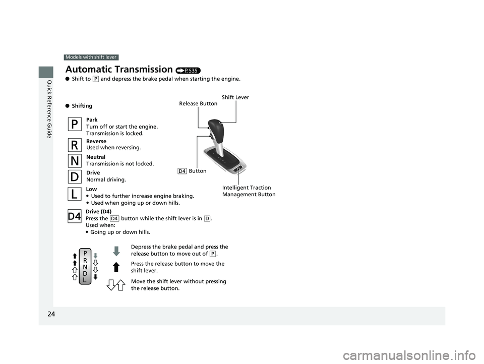 HONDA PILOT 2019  Owners Manual (in English) 24
Quick Reference Guide
Models with shift lever
Release Button
Depress the brake pedal and press the 
release button to move out of 
( P.
Move the shift leve r without pressing 
the release button. P