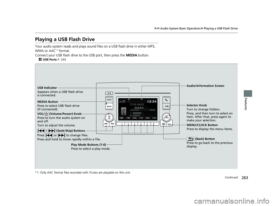 HONDA PILOT 2019  Owners Manual (in English) 263
uuAudio System Basic Operation uPlaying a USB Flash Drive
Continued
Features
Playing a USB Flash Drive
Your audio system reads and  plays sound files on a USB flash drive in either MP3, 
WMA or AA