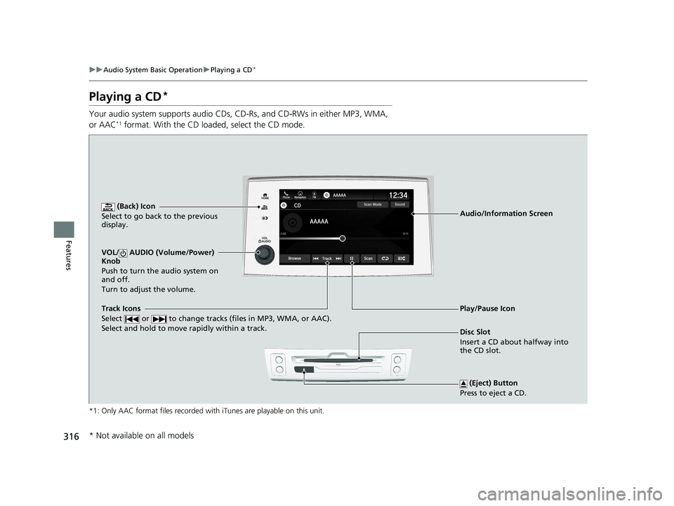 HONDA PILOT 2019 Owners Manual (in English) 316
uuAudio System Basic Operation uPlaying a CD*
Features
Playing a CD*
Your audio system supports audio CDs, CD-Rs, and CD-RWs in either MP3, WMA,
or AAC*1 format. With the CD loaded, select the CD HONDA PILOT 2019 Owners Manual (in English) 316
uuAudio System Basic Operation uPlaying a CD*
Features
Playing a CD*
Your audio system supports audio CDs, CD-Rs, and CD-RWs in either MP3, WMA,
or AAC*1 format. With the CD loaded, select the CD