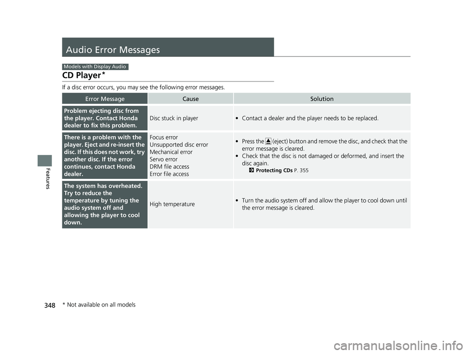 HONDA PILOT 2019  Owners Manual (in English) 348
Features
Audio Error Messages
CD Player*
If a disc error occurs, you may see the following error messages.
Error MessageCauseSolution
Problem ejecting disc from 
the player. Contact Honda 
dealer 