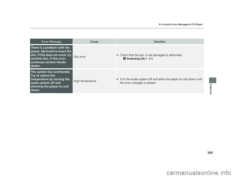 HONDA PILOT 2019  Owners Manual (in English) 349
uuAudio Error Messages uCD Player*
Features
Error MessageCauseSolution
There is a problem with the 
player. Eject and re-insert the 
disc. If this does not work, try 
another disc. If this error 
