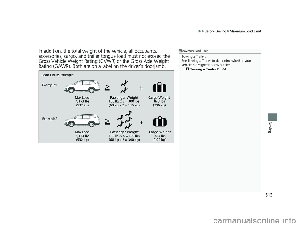 HONDA PILOT 2019  Owners Manual (in English) 513
uuBefore Driving uMaximum Load Limit
Driving
In addition, the total weight of the vehicle, all occupants, 
accessories, cargo, and trailer tongue load must not exceed the 
Gross Vehicle Weight Rat