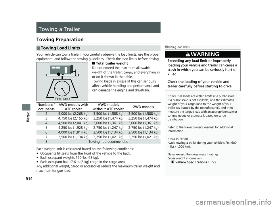 HONDA PILOT 2019   (in English) User Guide 514
Driving
Towing a Trailer
Towing Preparation
Your vehicle can tow a trailer if you carefully observe the load limits, use the proper 
equipment, and follow the towing guidelin es. Check the load li