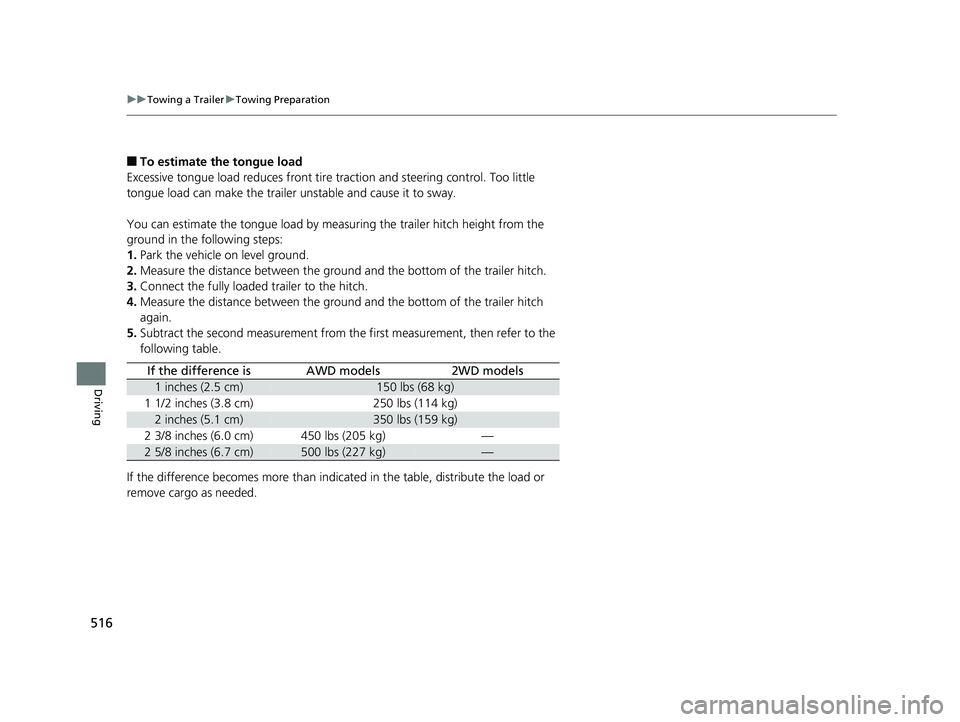 HONDA PILOT 2019 Owners Manual (in English) 516
uuTowing a Trailer uTowing Preparation
Driving
■To estimate the tongue load
Excessive tongue load reduces front tire traction and steering control. Too little
tongue load can make the trailer HONDA PILOT 2019 Owners Manual (in English) 516
uuTowing a Trailer uTowing Preparation
Driving
■To estimate the tongue load
Excessive tongue load reduces front tire traction and steering control. Too little
tongue load can make the trailer