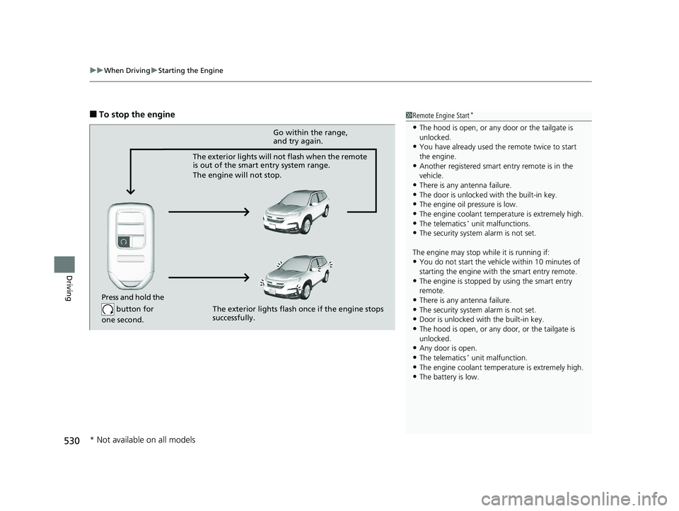 HONDA PILOT 2019 Owners Manual (in English) uuWhen Driving uStarting the Engine
530
Driving
■To stop the engine1Remote Engine Start*
•The hood is open, or any door or the tailgate is
unlocked.
•You have already used the remote twice to s HONDA PILOT 2019 Owners Manual (in English) uuWhen Driving uStarting the Engine
530
Driving
■To stop the engine1Remote Engine Start*
•The hood is open, or any door or the tailgate is
unlocked.
•You have already used the remote twice to s