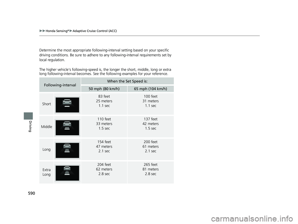 HONDA PILOT 2019 Owners Manual (in English) 590
uuHonda Sensing ®u Adaptive Cruise Control (ACC)
Driving
Determine the most appropriate following- interval setting based on your specific
driving conditions. Be sure to adhere to any following HONDA PILOT 2019 Owners Manual (in English) 590
uuHonda Sensing ®u Adaptive Cruise Control (ACC)
Driving
Determine the most appropriate following- interval setting based on your specific
driving conditions. Be sure to adhere to any following