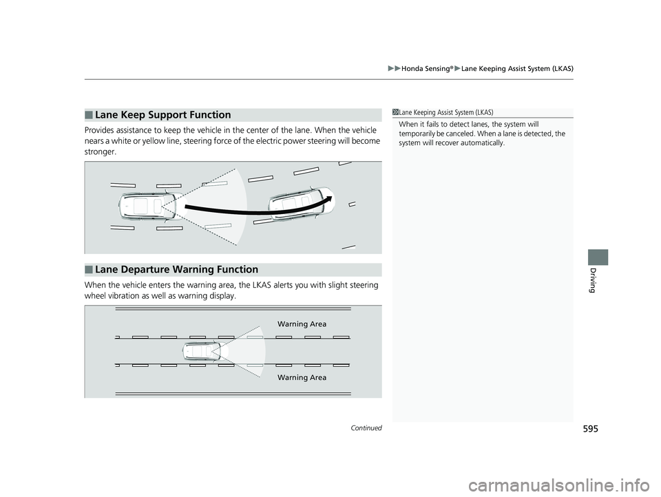 HONDA PILOT 2019   (in English) Repair Manual Continued595
uuHonda Sensing ®u Lane Keeping Assist System (LKAS)
Driving
Provides assistance to keep the vehicle in the center of the lane. When the vehicle 
nears a white or yellow line, steering f