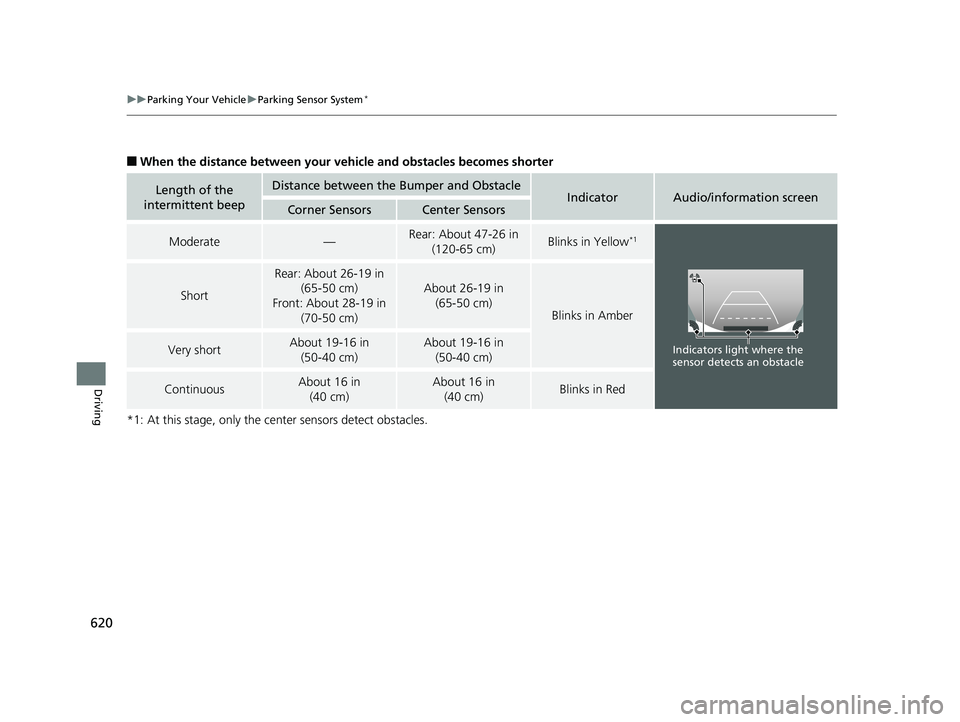 HONDA PILOT 2019   (in English) Owners Guide 620
uuParking Your Vehicle uParking Sensor System*
Driving
■When the distance between your ve hicle and obstacles becomes shorter
*1: At this stage, only the ce nter sensors detect obstacles.
Length