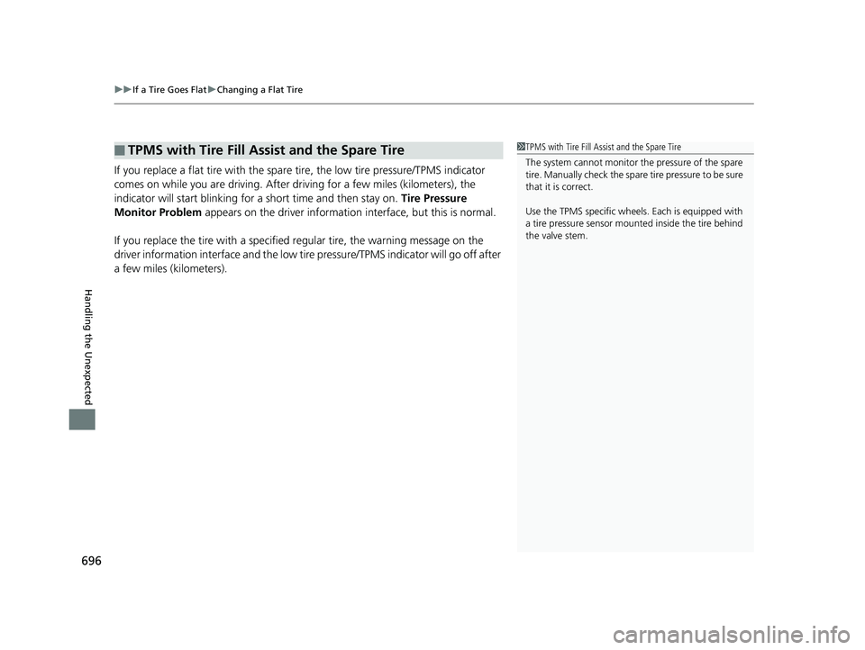 HONDA PILOT 2019   (in English) Repair Manual uuIf a Tire Goes Flat uChanging a Flat Tire
696
Handling the Unexpected
If you replace a flat tire with the spare  tire, the low tire pressure/TPMS indicator 
comes on while you are driving. After  dr