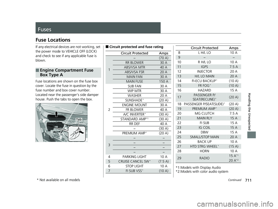 HONDA PILOT 2019  Owners Manual (in English) 711Continued
Handling the Unexpected
Fuses
Fuse Locations
If any electrical devices are not working, set 
the power mode to VEHICLE OFF (LOCK) 
and check to see if any applicable fuse is 
blown.
Fuse 