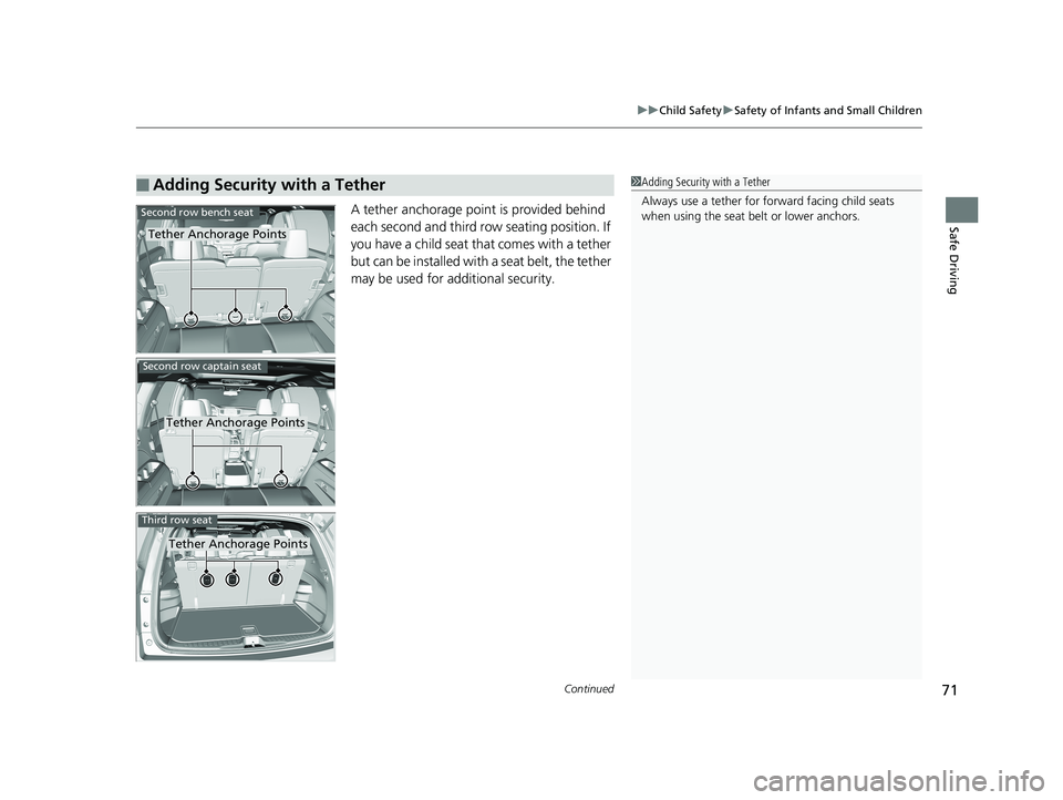 HONDA PILOT 2019 (in English) Manual PDF Continued71
uuChild Safety uSafety of Infants and Small Children
Safe DrivingA tether anchorage point is provided behind
each second and third row seating position. If
you have a child seat that com HONDA PILOT 2019 (in English) Manual PDF Continued71
uuChild Safety uSafety of Infants and Small Children
Safe DrivingA tether anchorage point is provided behind
each second and third row seating position. If
you have a child seat that com