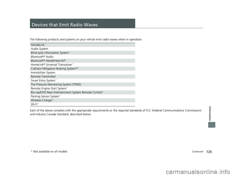 HONDA PILOT 2019  Owners Manual (in English) 725Continued
Information
Devices that Emit Radio Waves
The following products and systems on your vehicle emit radio waves when in operation.
Each of the above complies with the appropriate requiremen