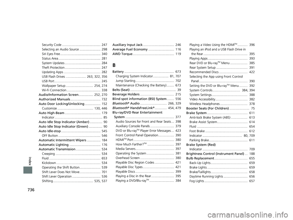 HONDA PILOT 2019   (in English) Owners Guide 736
Index
Security Code .......................................... 247
Selecting an Audio Source ....................... 298
Siri Eyes Free ............................................ 340
Status Area