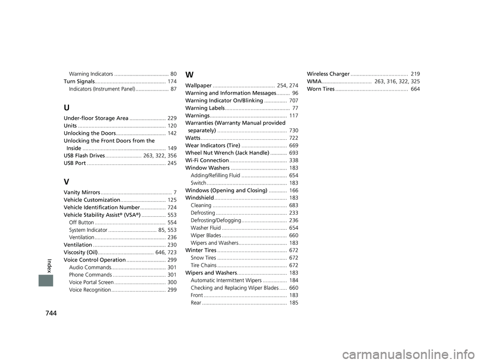 HONDA PILOT 2019   (in English) Owners Guide 744
Index
Warning Indicators ....................................  80
Turn Signals ...............................................  174
Indicators (Instrum ent Panel) ......................  87
U
Unde