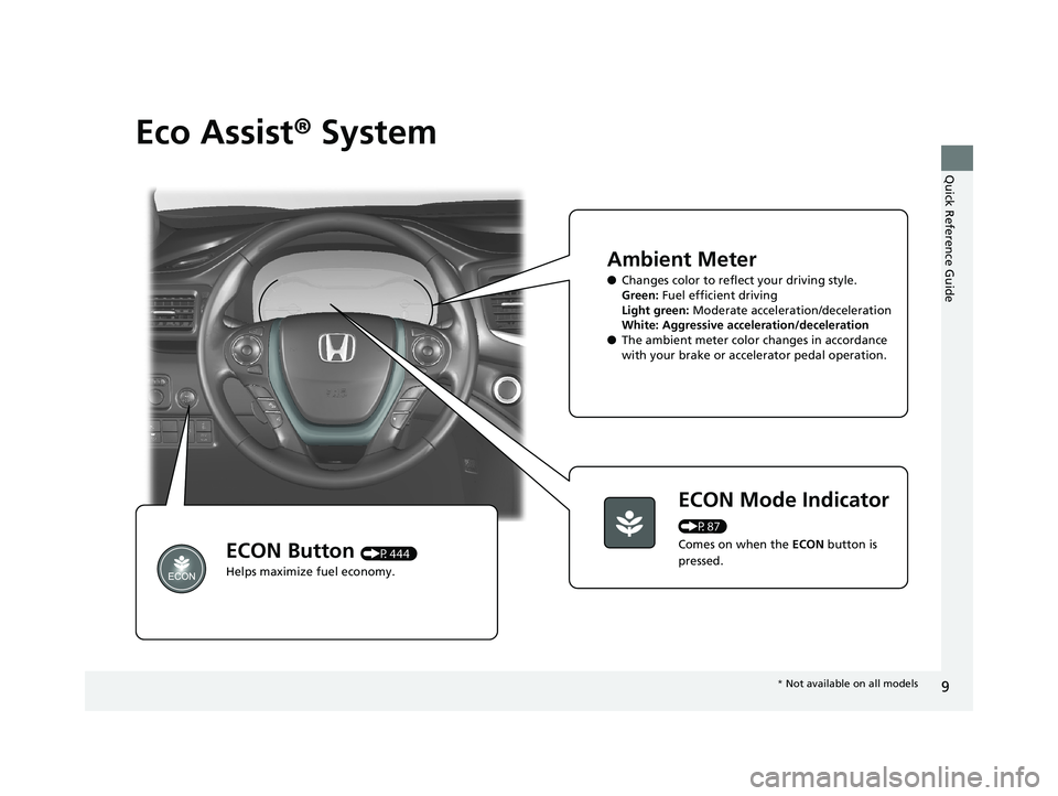 HONDA RIDGELINE 2019 (in English) User Guide 9
Quick Reference Guide
Eco Assist® System
Ambient Meter
●Changes color to reflect your driving style.
Green: Fuel efficient driving
Light green: Moderate acceleration/deceleration
White: Aggress HONDA RIDGELINE 2019 (in English) User Guide 9
Quick Reference Guide
Eco Assist® System
Ambient Meter
●Changes color to reflect your driving style.
Green: Fuel efficient driving
Light green: Moderate acceleration/deceleration
White: Aggress