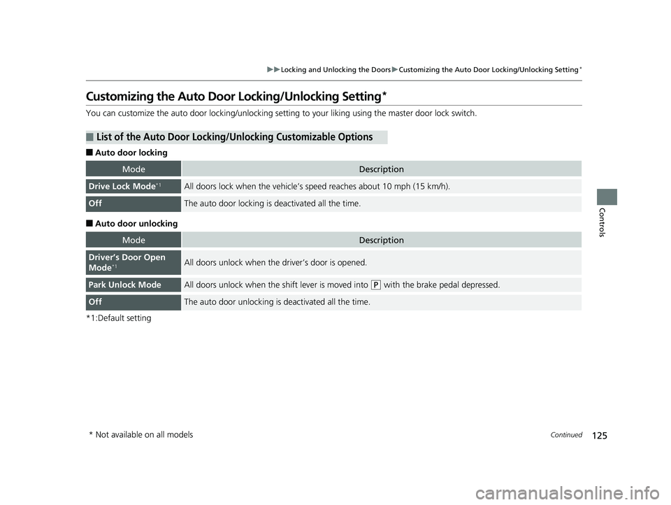 HONDA RIDGELINE 2019 Owners Manual (in English) 125
uuLocking and Unlocking the Doors uCustomizing the Auto Door Locking/Unlocking Setting*
Continued
Controls
Customizing the Auto Door Locking/Unlocking Setting*
You can customize the auto door loc HONDA RIDGELINE 2019 Owners Manual (in English) 125
uuLocking and Unlocking the Doors uCustomizing the Auto Door Locking/Unlocking Setting*
Continued
Controls
Customizing the Auto Door Locking/Unlocking Setting*
You can customize the auto door loc
