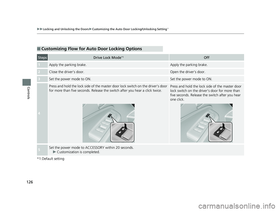 HONDA RIDGELINE 2019  Owners Manual (in English) 126
uuLocking and Unlocking the Doors uCustomizing the Auto Door Locking/Unlocking Setting*
Controls
*1:Default setting
■Customizing Flow for Auto Door Locking Options
StepsDrive Lock Mode*1Off
1App