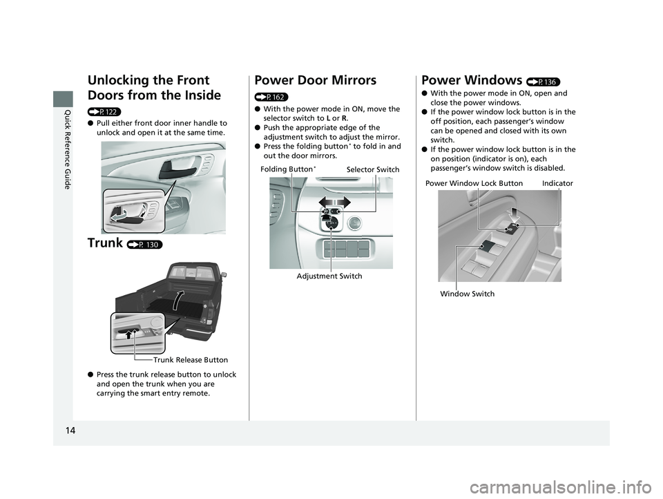 HONDA RIDGELINE 2019 (in English) User Guide 14
Quick Reference Guide
Unlocking the Front
Doors from the Inside
(P122)
●Pull either front door inner handle to
unlock and open it at the same time.
Trunk (P 130)
● Press the trunk release bu HONDA RIDGELINE 2019 (in English) User Guide 14
Quick Reference Guide
Unlocking the Front
Doors from the Inside
(P122)
●Pull either front door inner handle to
unlock and open it at the same time.
Trunk (P 130)
● Press the trunk release bu