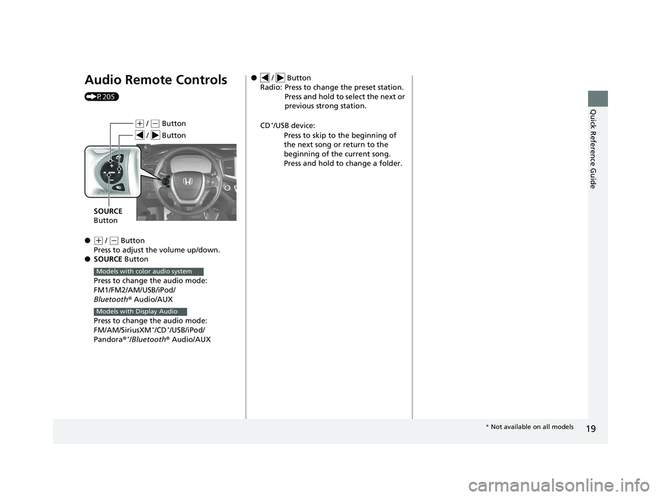 HONDA RIDGELINE 2019  Owners Manual (in English) 19
Quick Reference Guide
Audio Remote Controls 
(P205)
●
(+ / (- Button
Press to adjust the volume up/down.
● SOURCE Button
Press to change the audio mode: 
FM1/FM2/AM/USB/iPod/
Bluetooth ® Audio