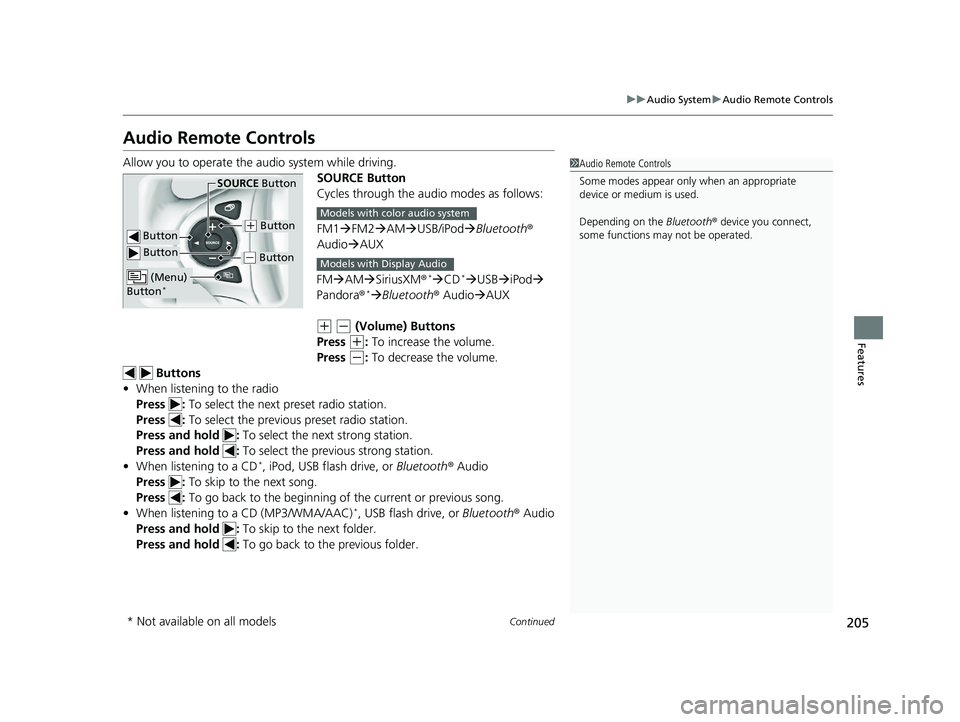 HONDA RIDGELINE 2019  Owners Manual (in English) 205
uuAudio System uAudio Remote Controls
Continued
Features
Audio Remote Controls
Allow you to operate the au dio system while driving.
SOURCE Button
Cycles through the audio modes as follows:
FM1