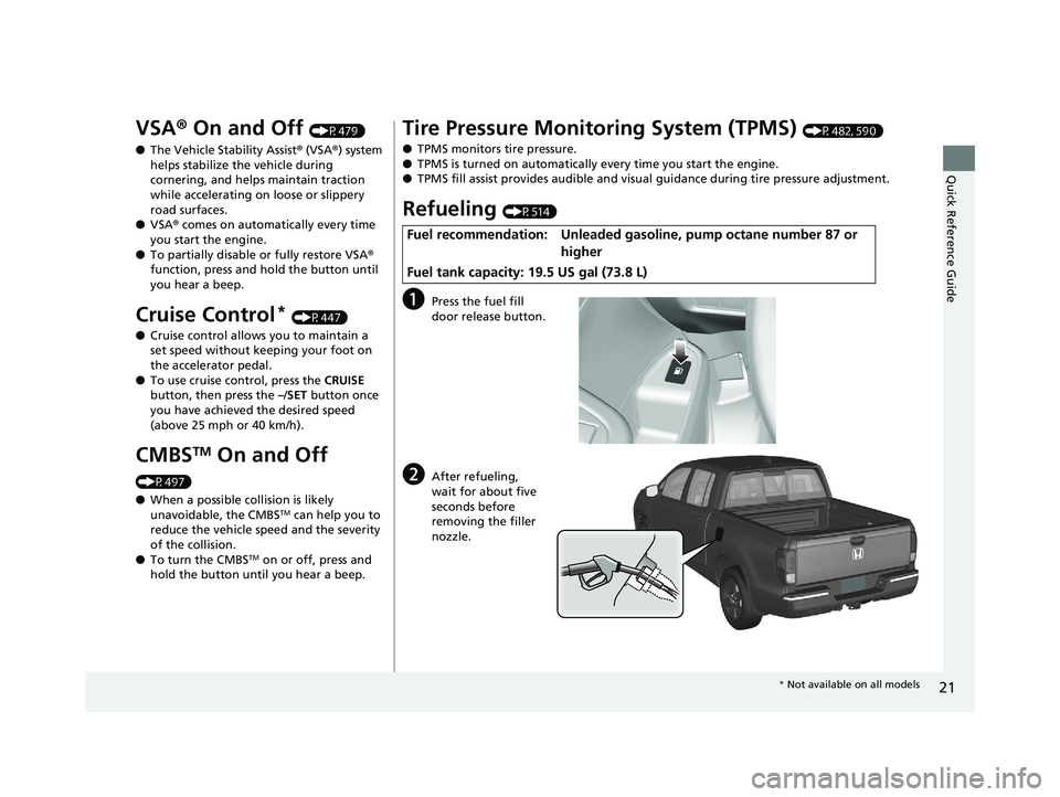 HONDA RIDGELINE 2019   (in English) Owners Guide 21
Quick Reference Guide
VSA® On and Off (P479)
● The Vehicle Stability Assist ® (VSA® ) system 
helps stabilize the vehicle during 
cornering, and helps maintain traction 
while accelerating on 