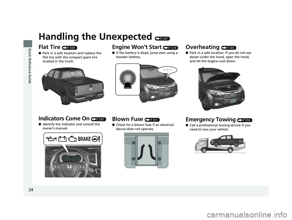 HONDA RIDGELINE 2019   (in English) Owners Guide 24
Quick Reference Guide
Handling the Unexpected (P567)
Flat Tire (P569)
● Park in a safe location and replace the 
flat tire with the compact spare tire 
located in the trunk.
Indicators Come On (P
