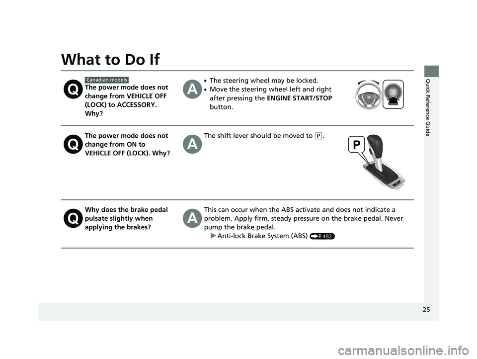 HONDA RIDGELINE 2019   (in English) Owners Guide 25
Quick Reference Guide
What to Do If
The power mode does not 
change from VEHICLE OFF 
(LOCK) to ACCESSORY. 
Why?
●The steering wheel may be locked.
●Move the steering wheel left and right 
afte