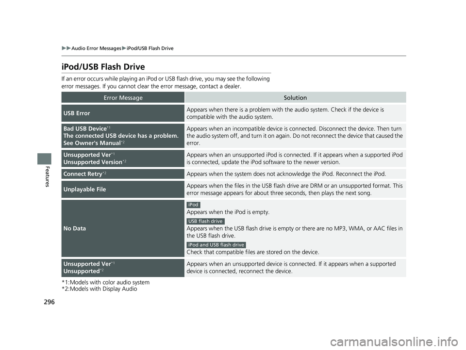 HONDA RIDGELINE 2019 Owners Manual (in English) 296
uuAudio Error Messages uiPod/USB Flash Drive
Features
iPod/USB Flash Drive
If an error occurs while play ing an iPod or USB flash driv e, you may see the following
error messages. If you cannot c HONDA RIDGELINE 2019 Owners Manual (in English) 296
uuAudio Error Messages uiPod/USB Flash Drive
Features
iPod/USB Flash Drive
If an error occurs while play ing an iPod or USB flash driv e, you may see the following
error messages. If you cannot c