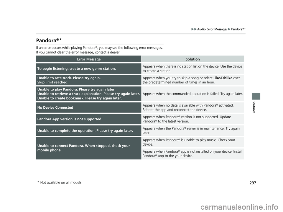 HONDA RIDGELINE 2019 Owners Manual (in English) 297
uuAudio Error Messages uPandora®*
Features
Pandora ®*
If an error occurs while playing Pandora ®, you may see the following error messages.
If you cannot clear the error message, contact a dea HONDA RIDGELINE 2019 Owners Manual (in English) 297
uuAudio Error Messages uPandora®*
Features
Pandora ®*
If an error occurs while playing Pandora ®, you may see the following error messages.
If you cannot clear the error message, contact a dea