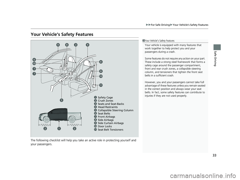 HONDA RIDGELINE 2019   (in English) Owners Guide 33
uuFor Safe Driving uYour Vehicle’s Safety Features
Safe Driving
Your Vehicle’s Safety Features
The following checklist will help you take an active role in protecting yourself and 
your passeng