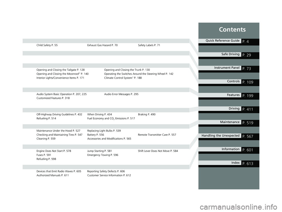 HONDA RIDGELINE 2019 Owners Manual (in English) Contents
Child Safety P. 55Exhaust Gas Hazard P. 70Safety Labels P. 71
Opening and Closing the Tailgate P. 128 Opening and Closing the Trunk P. 130
Opening and Closing the Moonroof* P. 140 Operating t HONDA RIDGELINE 2019 Owners Manual (in English) Contents
Child Safety P. 55Exhaust Gas Hazard P. 70Safety Labels P. 71
Opening and Closing the Tailgate P. 128 Opening and Closing the Trunk P. 130
Opening and Closing the Moonroof* P. 140 Operating t