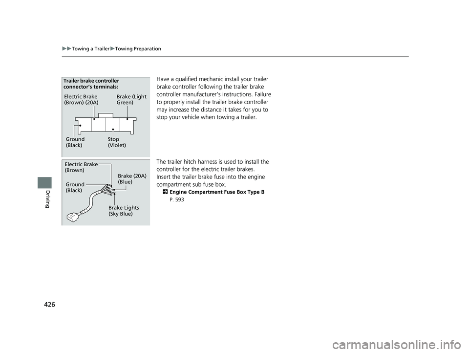 HONDA RIDGELINE 2019 Owners Manual (in English) 426
uuTowing a Trailer uTowing Preparation
Driving
Have a qualified mechanic install your trailer
brake controller followi ng the trailer brake
controller manufacturer’ s instructions. Failure
to HONDA RIDGELINE 2019 Owners Manual (in English) 426
uuTowing a Trailer uTowing Preparation
Driving
Have a qualified mechanic install your trailer
brake controller followi ng the trailer brake
controller manufacturer’ s instructions. Failure
to