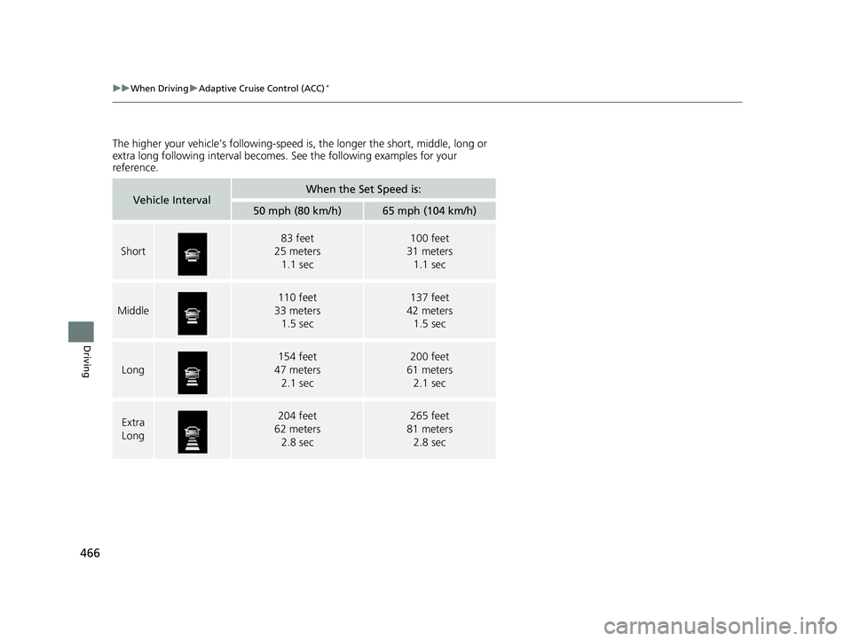 HONDA RIDGELINE 2019  Owners Manual (in English) 466
uuWhen Driving uAdaptive Cruise Control (ACC)*
Driving
The higher your vehicle’s following-speed  is, the longer the short, middle, long or 
extra long following interval becomes. See the follow