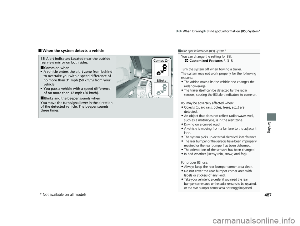 HONDA RIDGELINE 2019  Owners Manual (in English) 487
uuWhen Driving uBlind spot information (BSI) System*
Driving
■When the system detects a vehicle1Blind spot inform ation (BSI) System*
You can change the setting for BSI.
2 Customized Features  P
