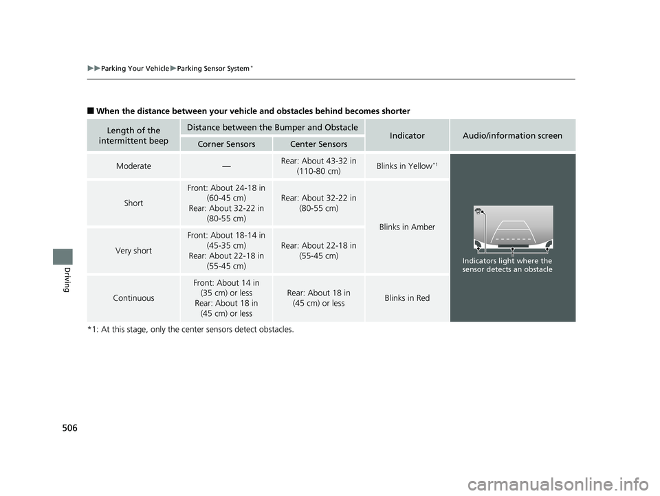 HONDA RIDGELINE 2019 Owners Manual (in English) 506
uuParking Your Vehicle uParking Sensor System*
Driving
■When the distance between your vehicl e and obstacles behind becomes shorter
*1: At this stage, only the ce nter sensors detect obstacles. HONDA RIDGELINE 2019 Owners Manual (in English) 506
uuParking Your Vehicle uParking Sensor System*
Driving
■When the distance between your vehicl e and obstacles behind becomes shorter
*1: At this stage, only the ce nter sensors detect obstacles.