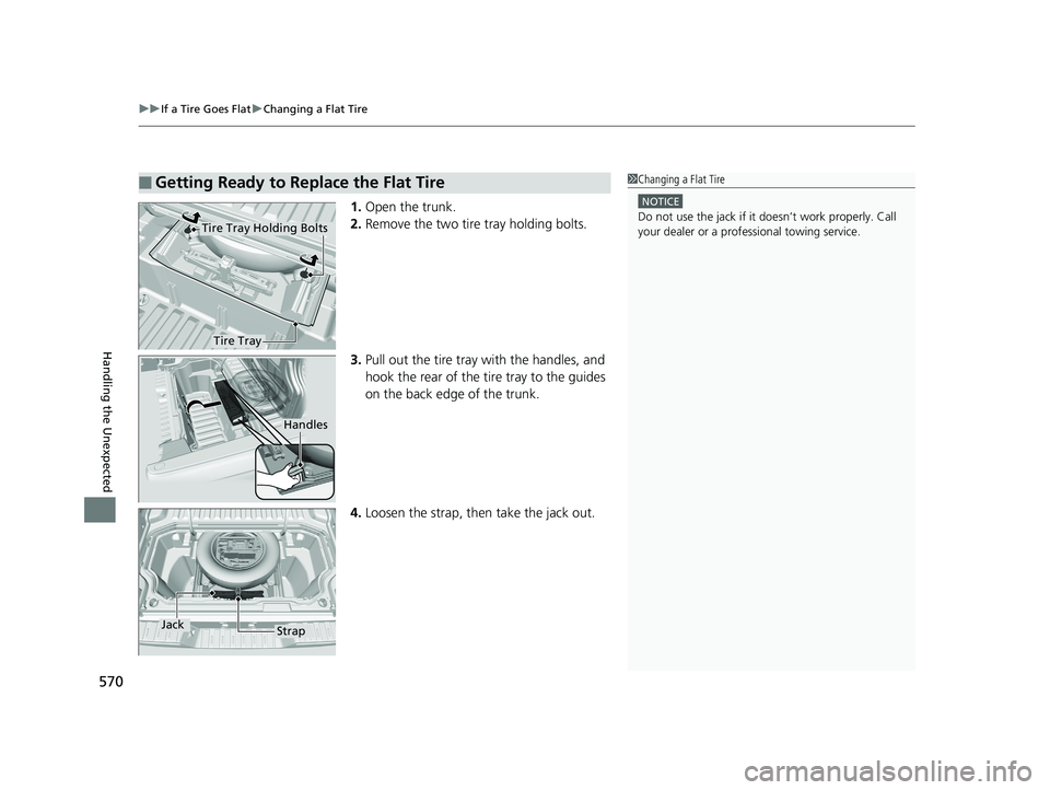HONDA RIDGELINE 2019 Owners Manual (in English) uuIf a Tire Goes Flat uChanging a Flat Tire
570
Handling the Unexpected
1. Open the trunk.
2. Remove the two tire tray holding bolts.
3. Pull out the tire tray with the handles, and
hook the rear of HONDA RIDGELINE 2019 Owners Manual (in English) uuIf a Tire Goes Flat uChanging a Flat Tire
570
Handling the Unexpected
1. Open the trunk.
2. Remove the two tire tray holding bolts.
3. Pull out the tire tray with the handles, and
hook the rear of