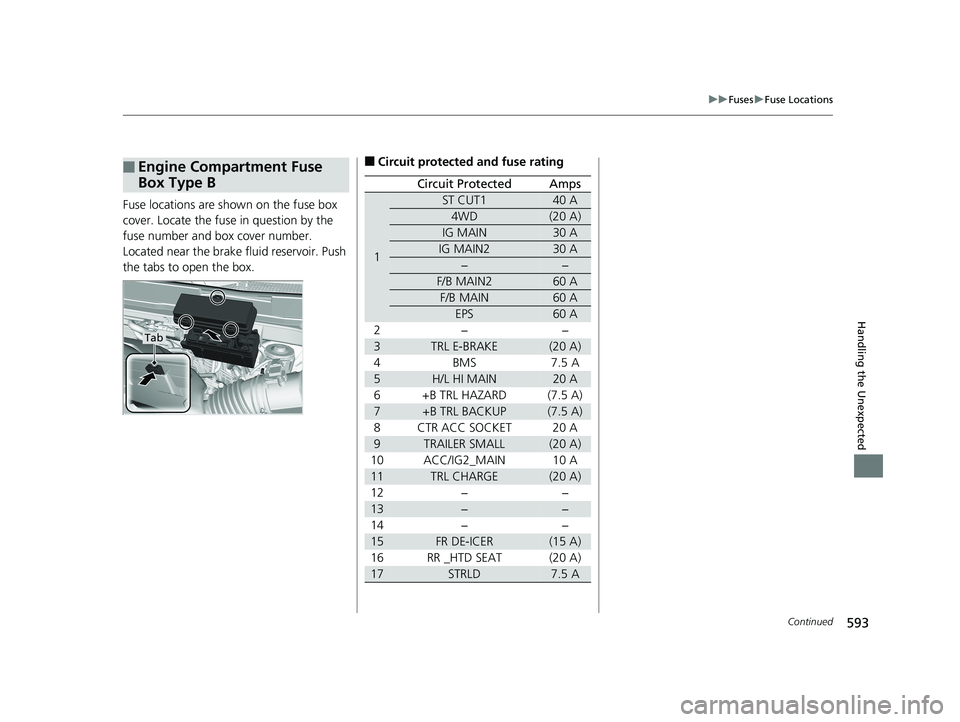 HONDA RIDGELINE 2019 Owners Manual (in English) 593
uuFuses uFuse Locations
Continued
Handling the Unexpected
Fuse locations are shown on the fuse box
cover. Locate the fuse in question by the
fuse number and box cover number.
Located near the br HONDA RIDGELINE 2019 Owners Manual (in English) 593
uuFuses uFuse Locations
Continued
Handling the Unexpected
Fuse locations are shown on the fuse box
cover. Locate the fuse in question by the
fuse number and box cover number.
Located near the br