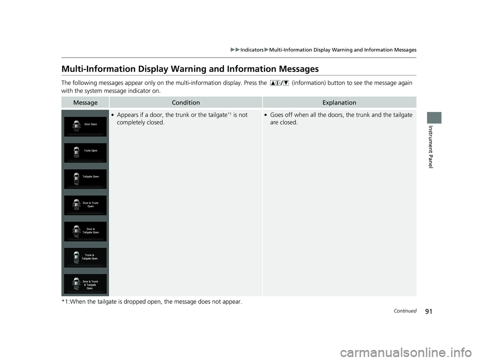 HONDA RIDGELINE 2019   (in English) Owners Manual 91
uuIndicators uMulti-Information Display Warning and Information Messages
Continued
Instrument Panel
Multi-Information Display Warn ing and Information Messages
The following messages appear only on