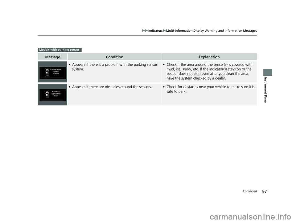 HONDA RIDGELINE 2019   (in English) Owners Manual 97
uuIndicators uMulti-Information Display Warning and Information Messages
Continued
Instrument Panel
MessageConditionExplanation
●Appears if there is a problem with the parking sensor 
system.●C