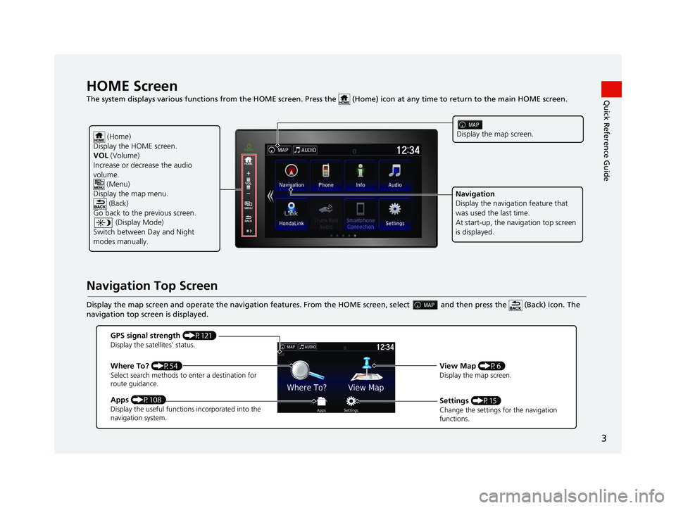 HONDA RIDGELINE 2019  Navigation Manual (in English) 3
Quick Reference GuideHOME Screen   
The system displays various functions from the HOME screen. Press the   (Home) icon at  any time to return to the main HOME scree n.
Navigation Top Screen
Display