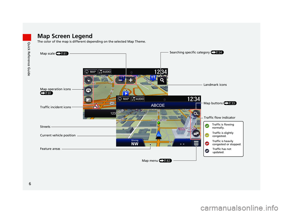 HONDA RIDGELINE 2019  Navigation Manual (in English) 6
Quick Reference GuideMap Screen Legend
The color of the map is different depending on the selected Map Theme.
Map operation icons 
(P81)Map menu (P82)
Map scale 
(P81)
Current vehicle position Stree