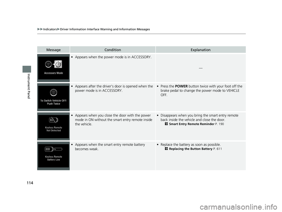 HONDA ACCORD SEDAN 2018  Owners Manual (in English) 114
uuIndicators uDriver Information Interface Wa rning and Information Messages
Instrument Panel
MessageConditionExplanation
•Appears when the power mode is in ACCESSORY.
—
•Appears after the d