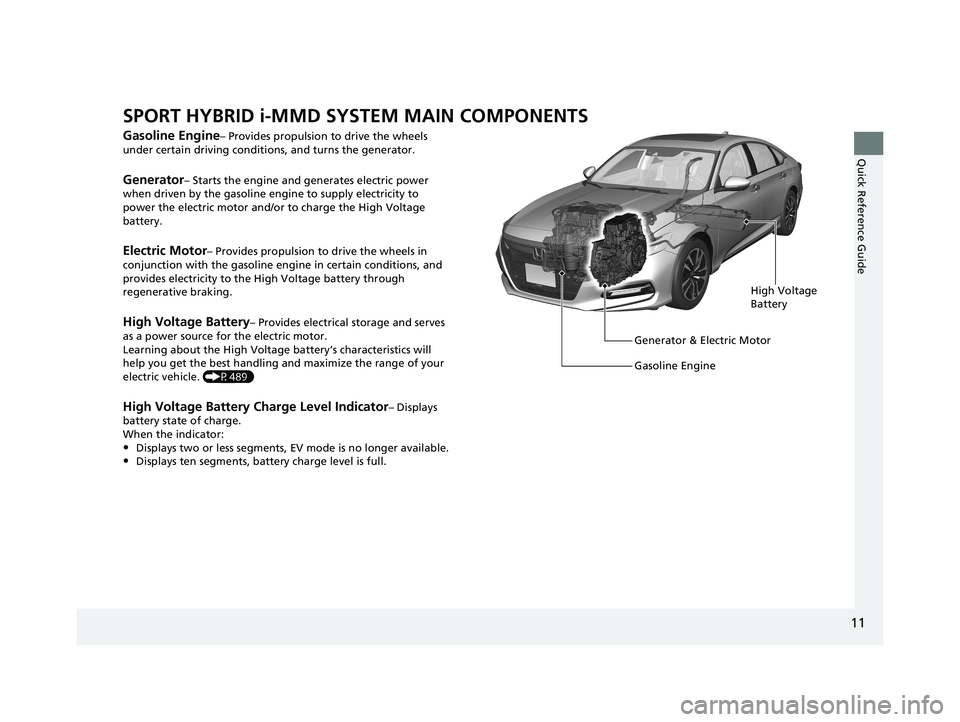 HONDA ACCORD SEDAN 2018   (in English) User Guide 11
Quick Reference Guide
SPORT HYBRID i-MMD SYSTEM MAIN COMPONENTS
Gasoline Engine– Provides propulsion to drive the wheels 
under certain driving conditions, and turns the generator.
Generator– S
