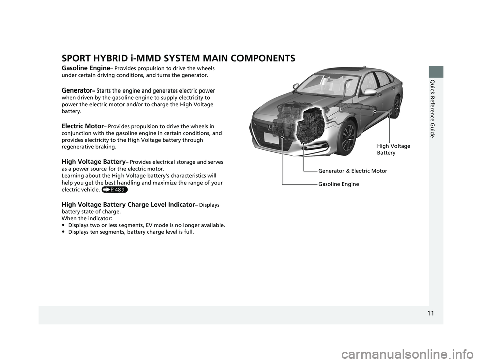 HONDA ACCORD SEDAN 2018 (in English) User Guide 11
Quick Reference Guide
SPORT HYBRID i-MMD SYSTEM MAIN COMPONENTS
Gasoline Engine– Provides propulsion to drive the wheels
under certain driving conditions, and turns the generator.
Generator– S HONDA ACCORD SEDAN 2018 (in English) User Guide 11
Quick Reference Guide
SPORT HYBRID i-MMD SYSTEM MAIN COMPONENTS
Gasoline Engine– Provides propulsion to drive the wheels
under certain driving conditions, and turns the generator.
Generator– S