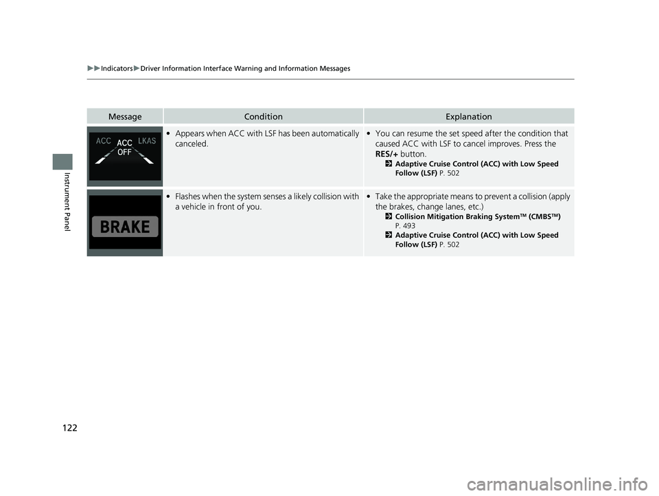 HONDA ACCORD SEDAN 2018 Owners Manual (in English) 122
uuIndicators uDriver Information Interface Wa rning and Information Messages
Instrument Panel
MessageConditionExplanation
•Appears when ACC with LSF has been automatically
canceled.• You can HONDA ACCORD SEDAN 2018 Owners Manual (in English) 122
uuIndicators uDriver Information Interface Wa rning and Information Messages
Instrument Panel
MessageConditionExplanation
•Appears when ACC with LSF has been automatically
canceled.• You can