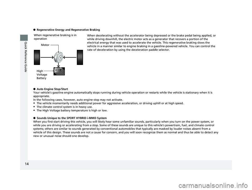 HONDA ACCORD SEDAN 2018 (in English) User Guide 14
Quick Reference Guide
●Regenerative Energy and Regenerative Braking
When decelerating without the accelerator being depressed or the brake pedal being applied, or
while driving downhill, the ele HONDA ACCORD SEDAN 2018 (in English) User Guide 14
Quick Reference Guide
●Regenerative Energy and Regenerative Braking
When decelerating without the accelerator being depressed or the brake pedal being applied, or
while driving downhill, the ele